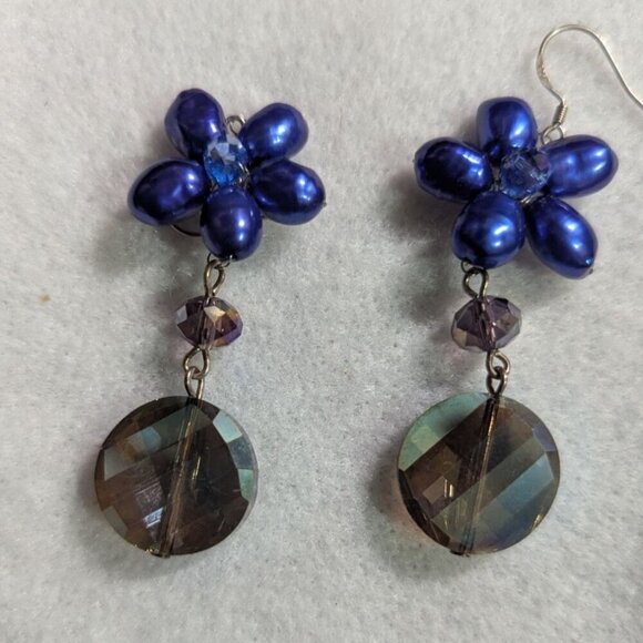 Blue & White Floral Beaded Dangle Earrings With Faceted Crystal Pendants c - Picture 4 of 5